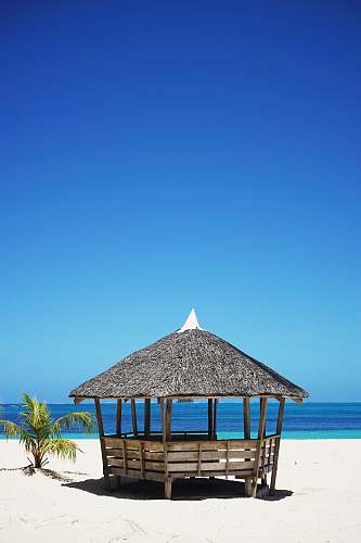 tree brown wooden nipa hut on white sand near body of water gazebo